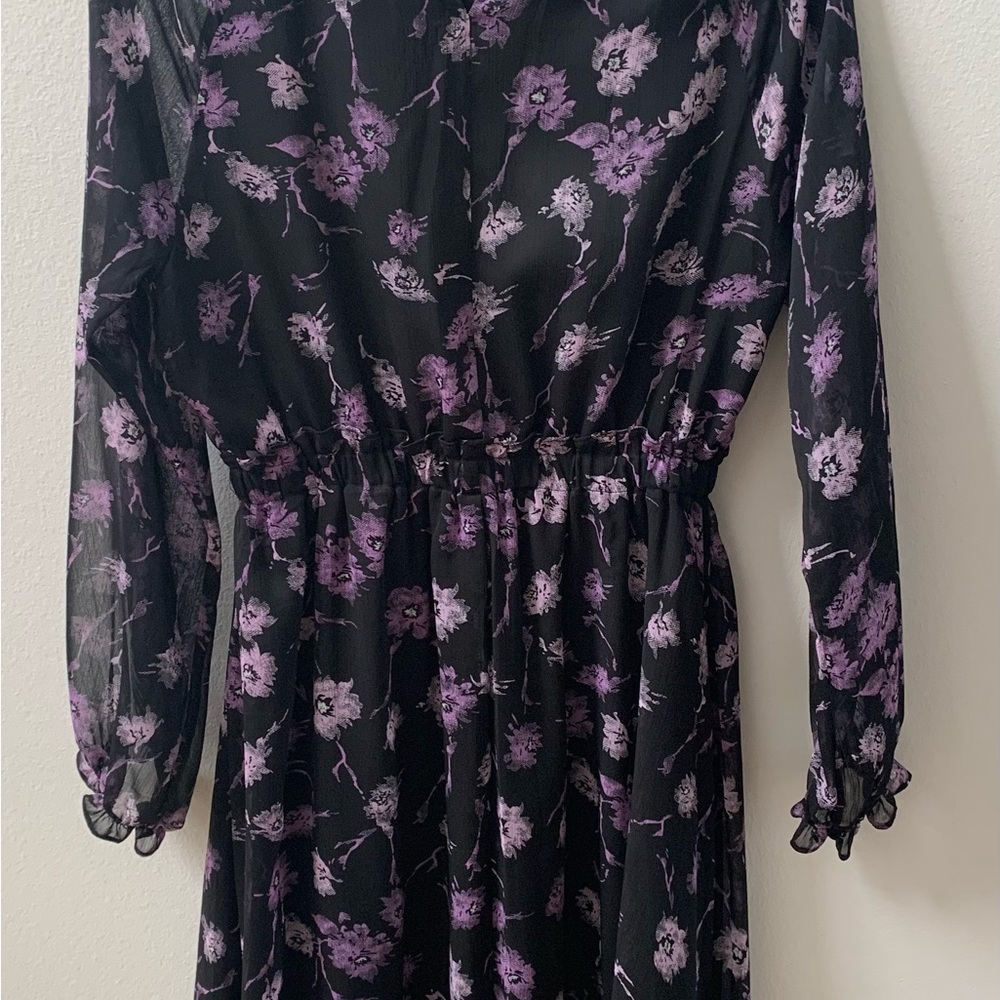 SZ S Aqua Black/Purple  Long Sleeve Floral Print Midi Dress - Picture 7 of 9